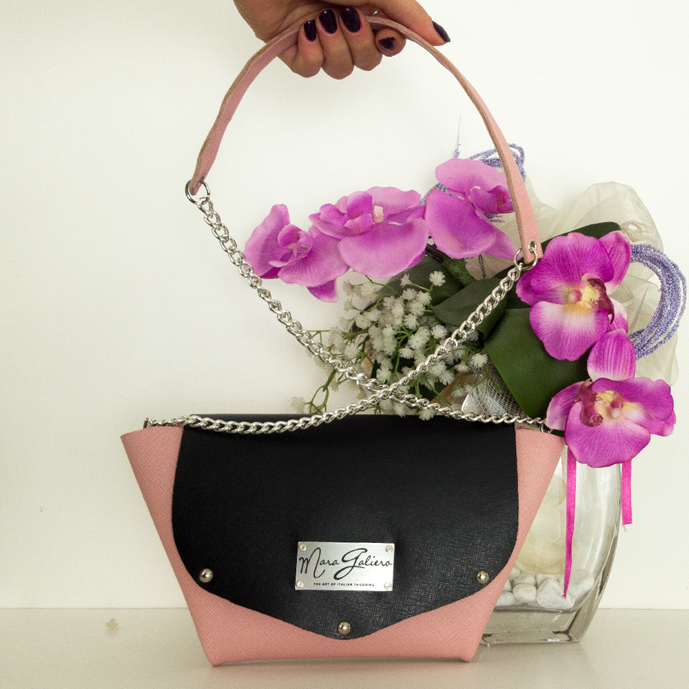 Origami Bag : pelle saffiano rosa e nero | made in italy