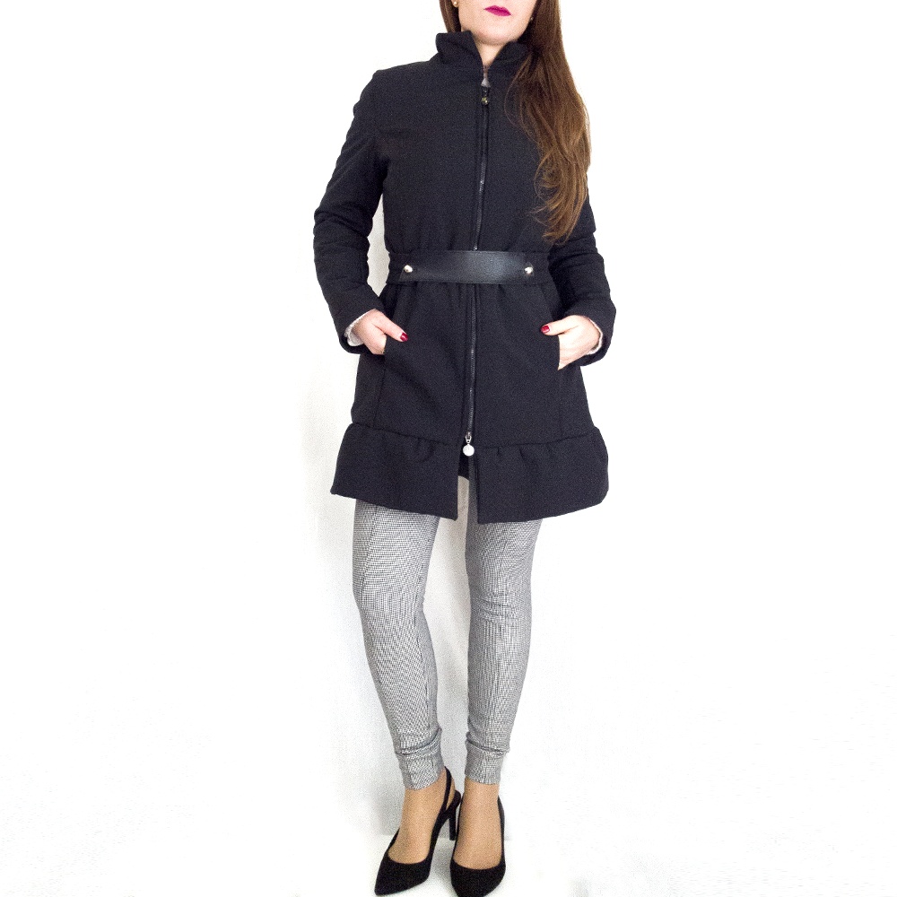 Cappotto nero donna : Softshell impermeabile | cintura in pelle